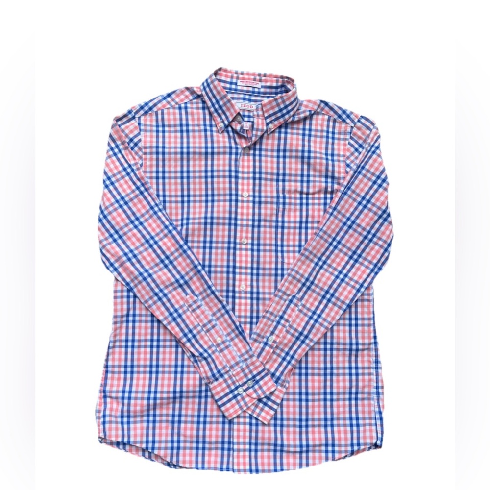 IZOD Men Pink/ Blue Plaid Long Sleeve Fitted Shirt 15 Slim Fit 32/33 Button